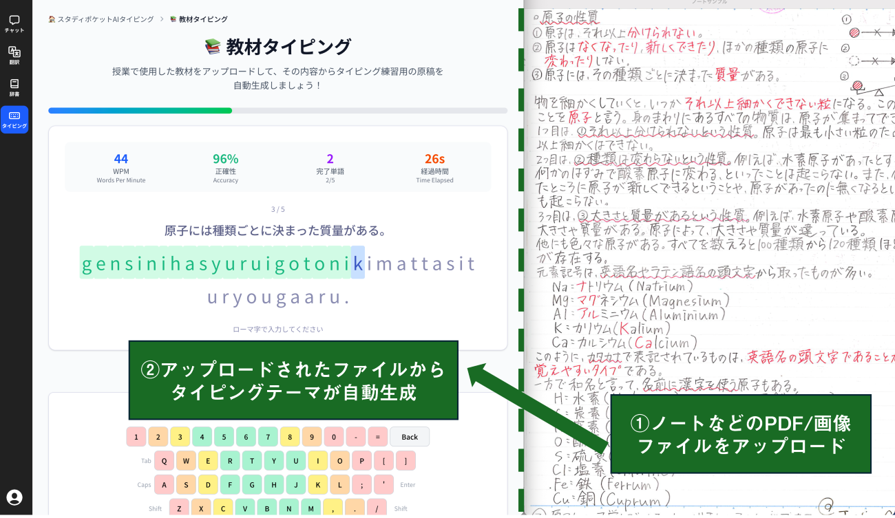 その日の授業のノートの内容でタイピング練習ができる